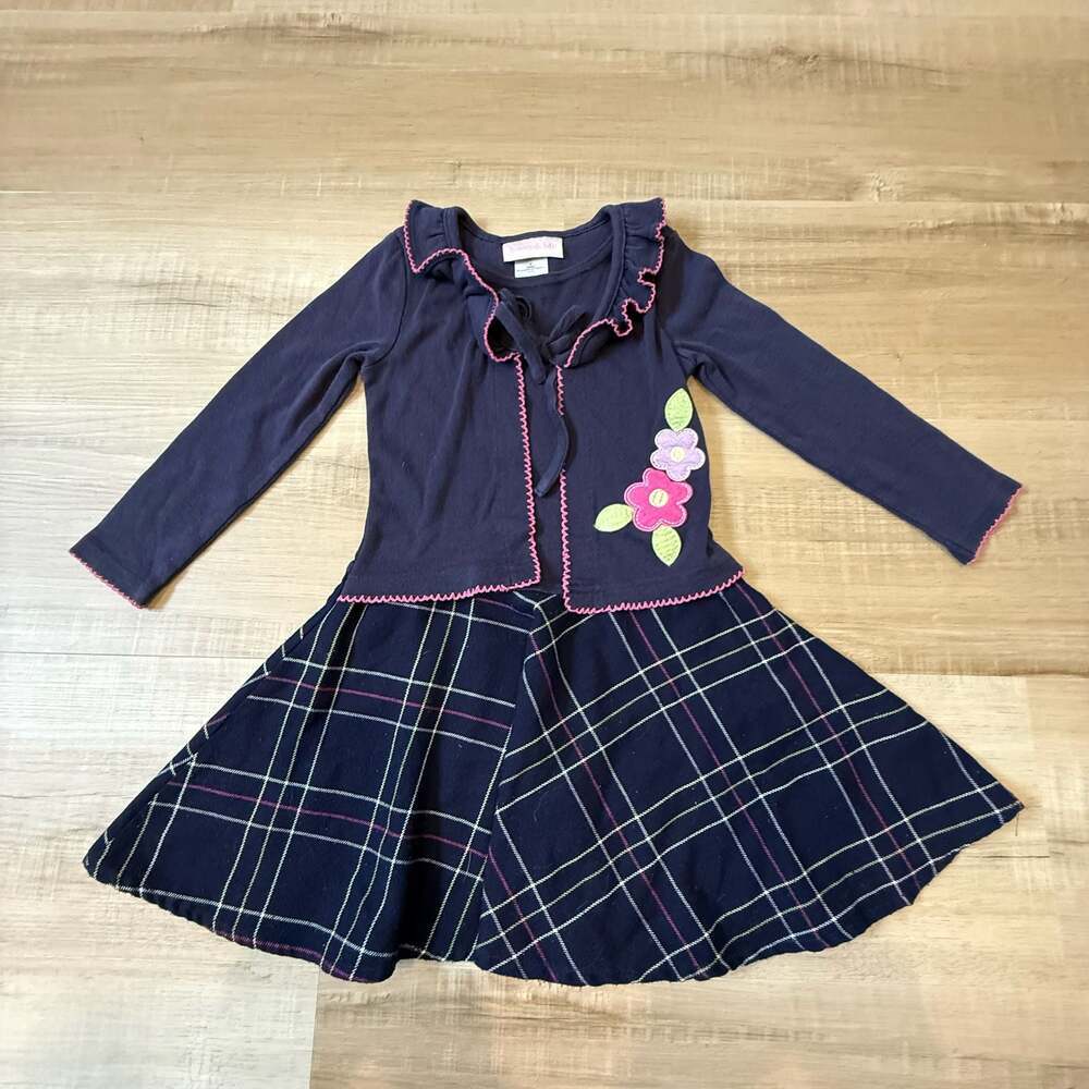 Jenny & Me Girls Navy Plaid Dress with Floral Applique Size 4